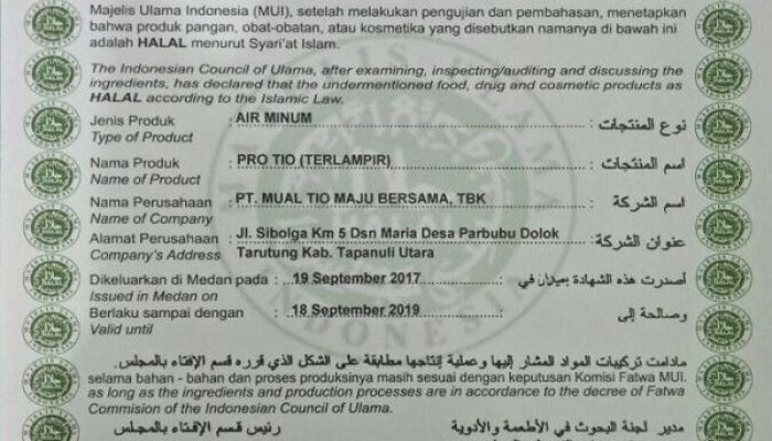 Dapat Lebel Halal Dari MUI Pemasaran Air Mineral Pro Tio Siap Dikembangkan