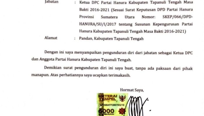 Bakhtiar Ahmad Sibarani Mengundurkan Diri dari Ketua DPC Hanura Tapteng