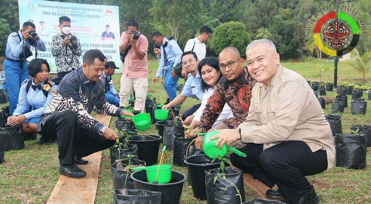 Kepala Dinas Pendidikan Provinsi Sumatera Utara, Dr Asren Nasution didampingi Sekretaris Dinas, Murdianto, SPd, MM, Kacabdis Sibolga, Elfrida Sinaga, S.Pd, Kepala Sekolah SMAN 1 Matauli Pandan, Deden Rachmawan beserta para siswa menanam cabai merah di lingkungan SMAN 1 Matauli Pandan. (Batakpost.com/red)