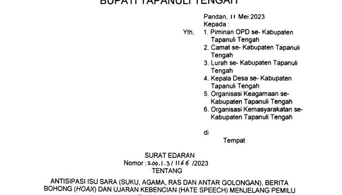 Pj Bupati Tapteng Elfin Elyas Keluarkan Surat Edaran Antisipasi Isu Sara